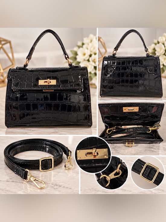 Handbags - Black Croc-Embossed Patent Handbag | Structured Top Handle + Crossbody